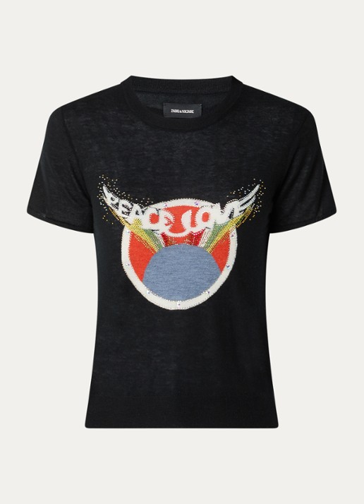 Zadig&Voltaire Idal fijngebreid T-shirt van kasjmier met ingebreide print en strass - voorkant 3 zwart