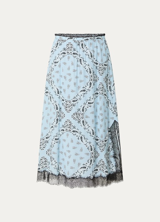 Zadig&Voltaire Jarvis midi rok met paisley dessin en split - voorkant lichtblauw