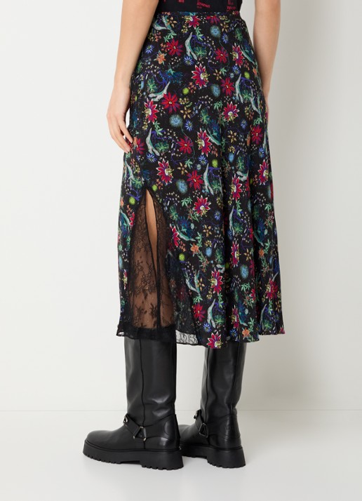 Zadig&Voltaire Jayla midi rok met bloemenprint en details van kant - achterkant zalmroze