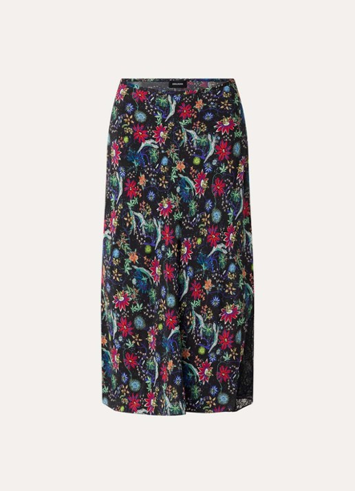 Zadig&Voltaire Jayla midi rok met bloemenprint en details van kant - voorkant 2 zalmroze
