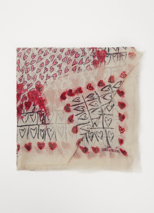 Zadig&Voltaire Kerry Hearts sjaal met print 135 x 135 cm - voorkant ivoor