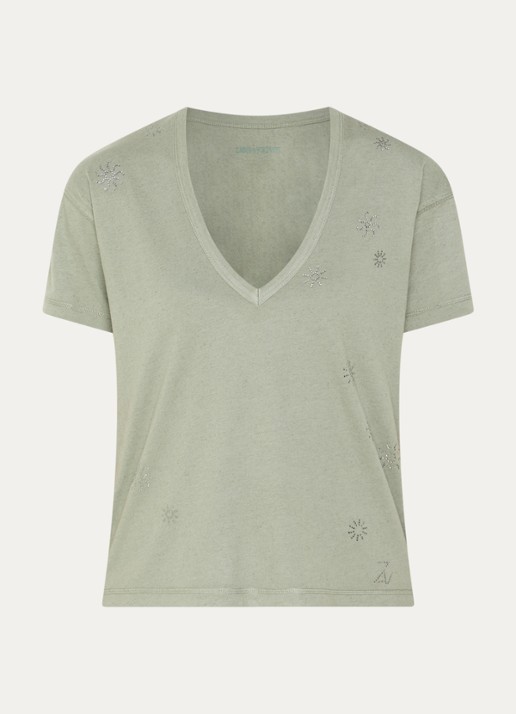 Zadig&Voltaire Marta T-shirt in linnenblend met details van strass - voorkant 3 lichtbruin