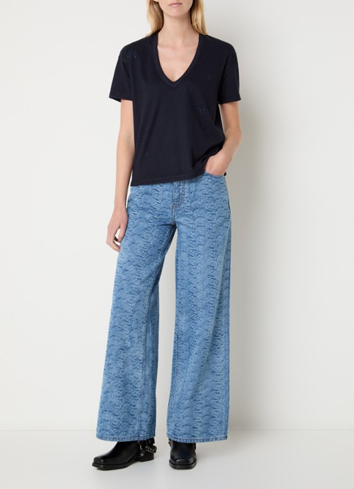 Zadig&Voltaire Marta T-shirt in linnenblend met details van strass - voorkant 3 royalblauw