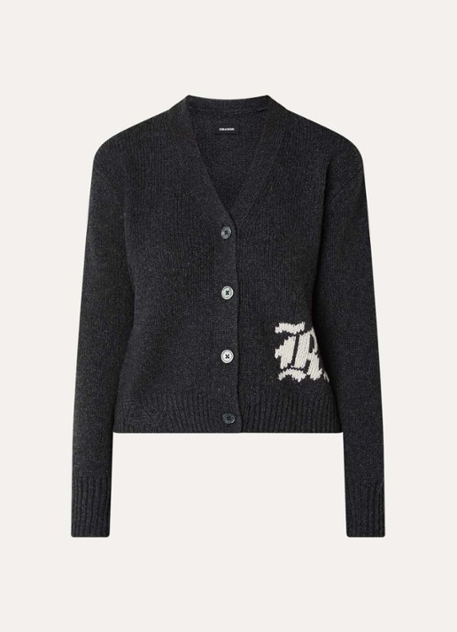Zadig&Voltaire Masy grofgebreid vest van merino wol met ingebreide print - voorkant 2 antraciet