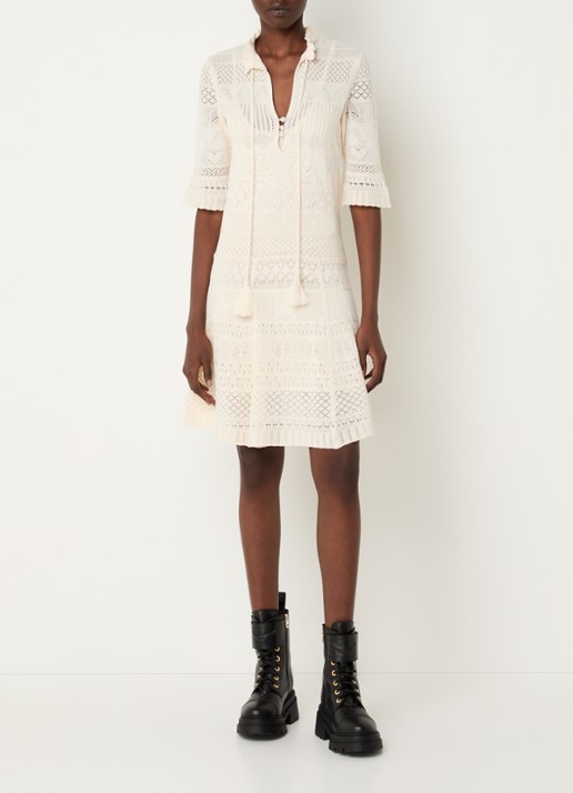 Zadig&Voltaire Memphisa grofgebreide mini jurk met opengewerkt dessin - voorkant 2 creme