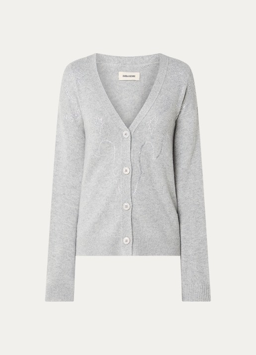 Zadig&Voltaire Mirkaz fijngebreid vest van kasjmier met strass - voorkant lichtgrijs