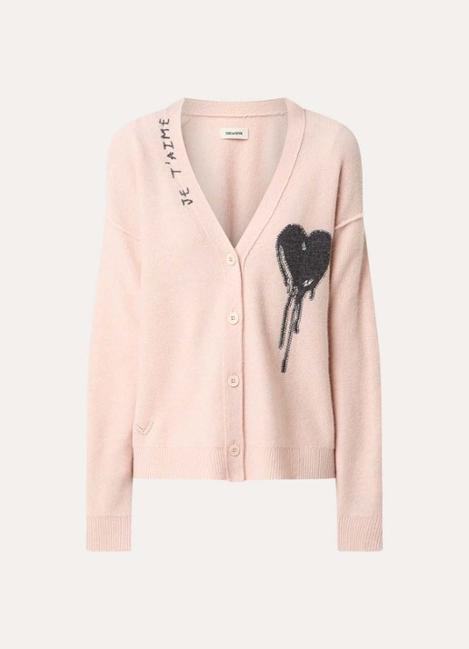 Zadig&Voltaire Mirkaz grofgebreid vest van kasjmier met logoprint - voorkant 3 lichtroze