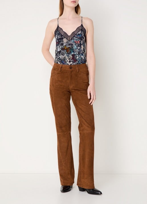 Zadig&Voltaire Pistol high waist bootcut fit broek van geitensuède - voorkant 6 cognac