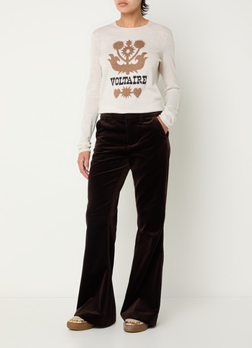 Zadig&Voltaire Prevy high waist flared fit pantalon van fluweel met steekzakken - voorkant 3 donkerbruin