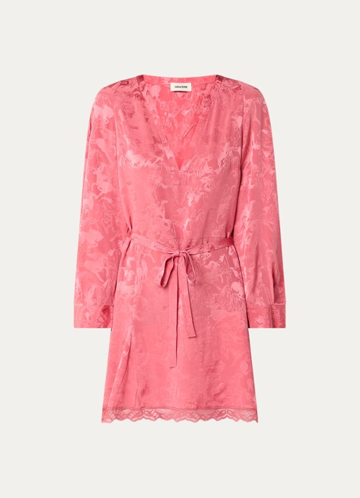 Zadig&Voltaire Ramasco mini tuniekjurk van zijde met details van kant - voorkant 3 koraalroze