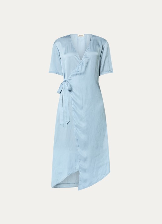 Zadig&Voltaire Reforme midi wikkeljurk van satijn - voorkant lichtblauw