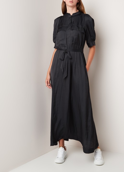 Zadig&Voltaire Remedy maxi jurk van satijn met strikceintuur - voorkant 4 zwart