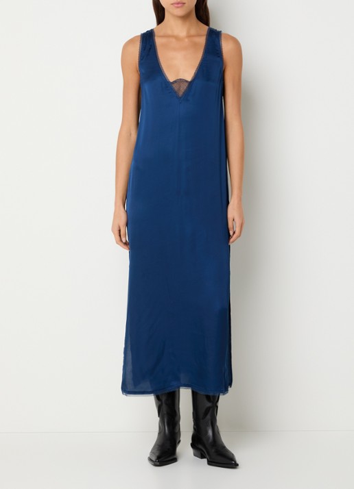 Zadig&Voltaire Renzo midi jurk van satijn met details van kant - detail indigo
