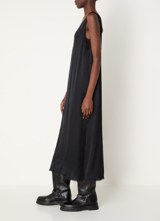 Zadig&Voltaire Renzo midi jurk van satijn met split  - voorkant 2 zwart