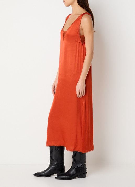 Zadig&Voltaire Renzo midi jurk van satijn met split  - voorkant 4 steenrood