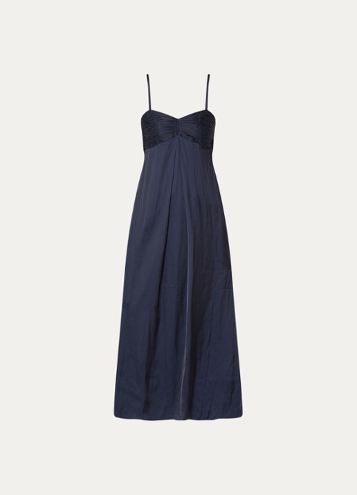 Zadig&Voltaire Rippie maxi jurk van satijn met split - voorkant 3 donkerblauw