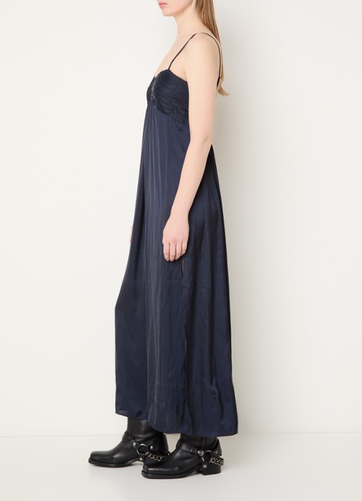 Zadig&Voltaire Rippie maxi jurk van satijn met split - voorkant 4 donkerblauw