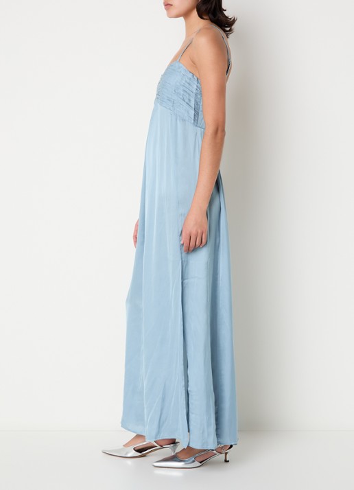 Zadig&Voltaire Rippie maxi jurk van satijn met split - voorkant 2 lichtblauw