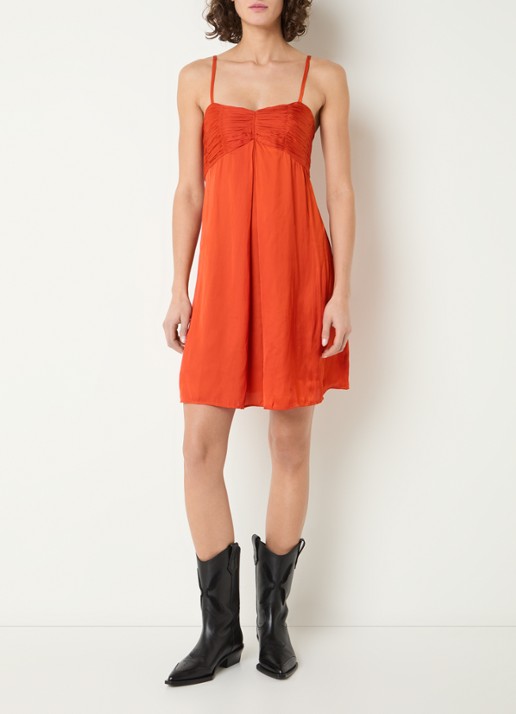 Zadig&Voltaire Rippies mini jurk van satijn met plooidetail en smockwerk - voorkant 2 orange