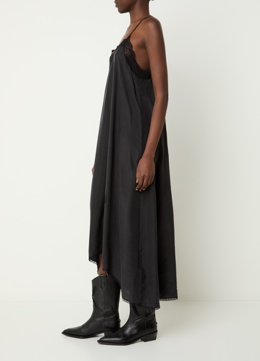 Zadig&Voltaire Risty midi A-lijn jurk van zijde met details van kant - voorkant 4 zwart