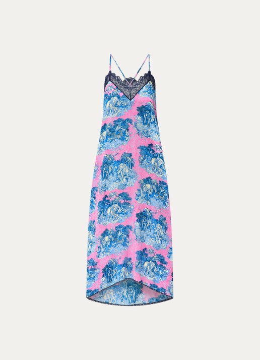 Zadig&Voltaire Risty midi jurk met print en details van kant - voorkant fuchsia