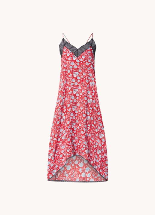 Zadig&Voltaire Risty Soft mouwloze maxi jurk met bloemenprint en kant - voorkant rood
