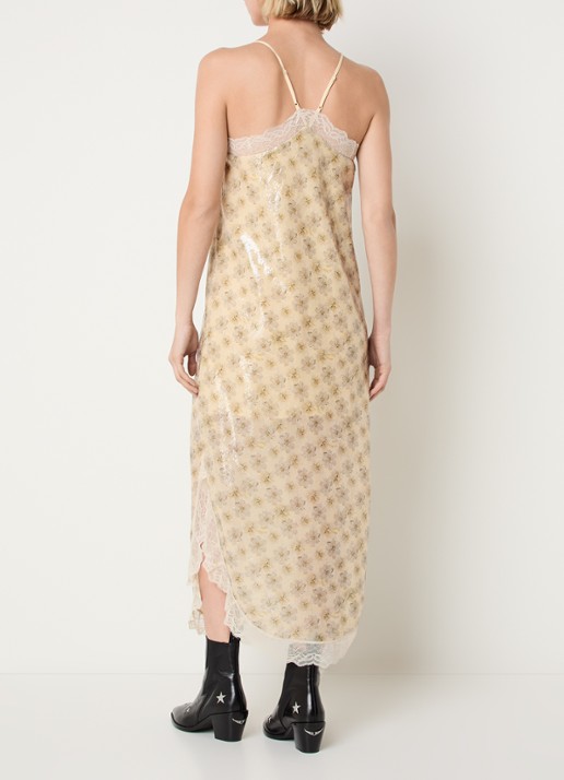 Zadig&Voltaire Ristyl midi jurk met pailletten en details van kant - achterkant 2 lichtgeel
