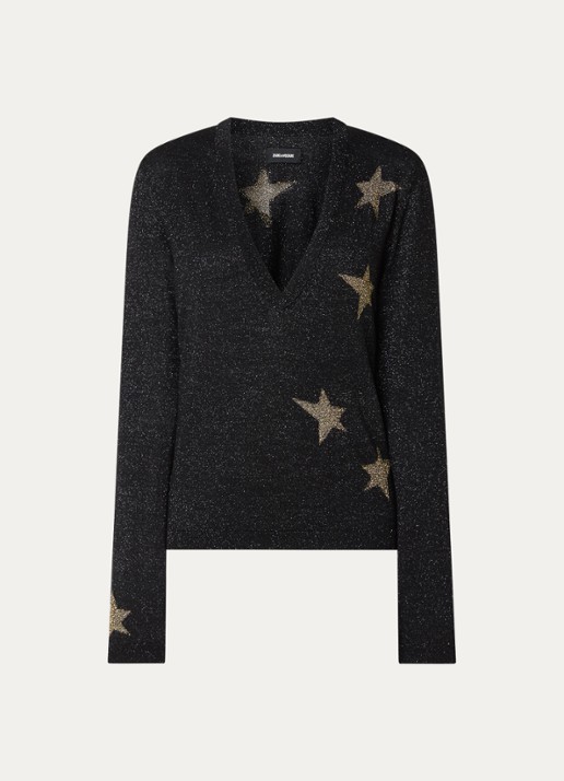 Zadig&Voltaire Rivyl fijngebreide trui in merino wolblend met lurex en print - voorkant 2 zwart