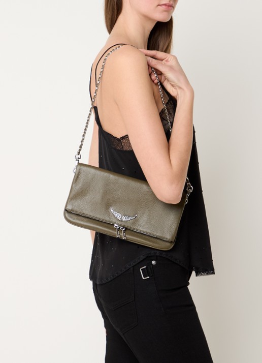 Zadig&Voltaire Rock Grained clutch van leer - voorkant 3 legergroen