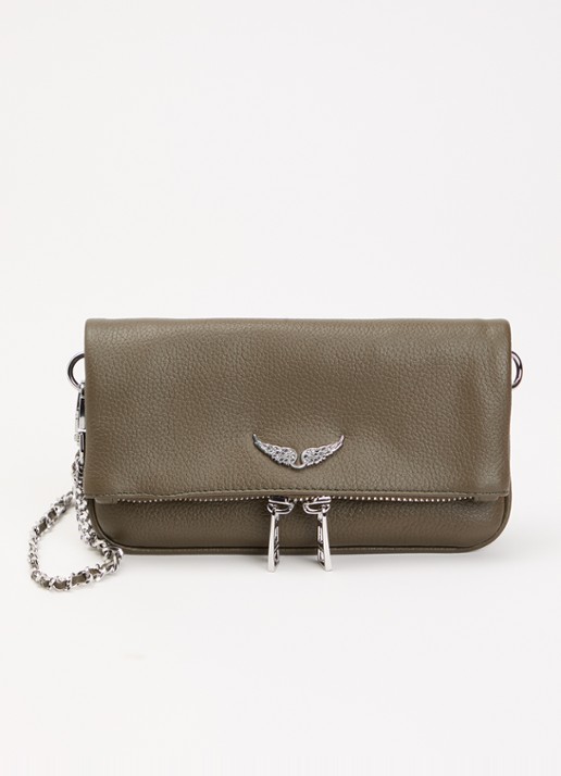 Zadig&Voltaire Rock Mini clutch van leer met afneembare schouderriem - voorkant khaki