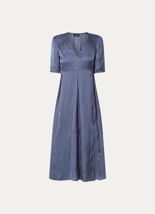 Zadig&Voltaire Rodalan midi jurk van satijn met split - voorkant royalblauw