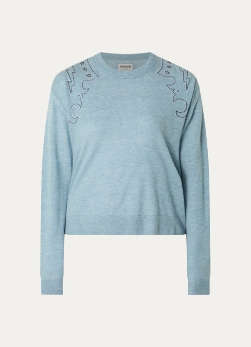 Zadig&Voltaire Swapy fijngebreide trui van kasjmier met strass - voorkant staalblauw