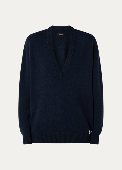 Zadig&Voltaire Swyny fijngebreide trui in kasjmierblend met V-hals - voorkant 3 donkerblauw