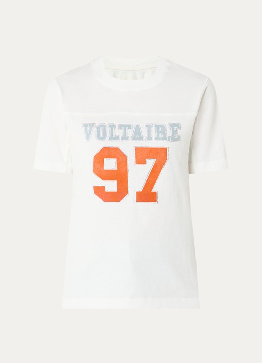 Zadig&Voltaire T-shirt met logoprint en strass - voorkant gebroken wit