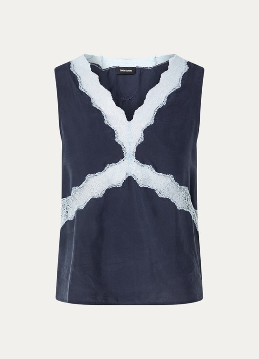 Zadig&Voltaire Tasao top van satijn met details van kant - voorkant 2 donkerblauw