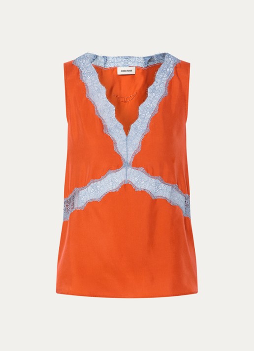 Zadig&Voltaire Tasao top van satijn met details van kant - voorkant oranjerood