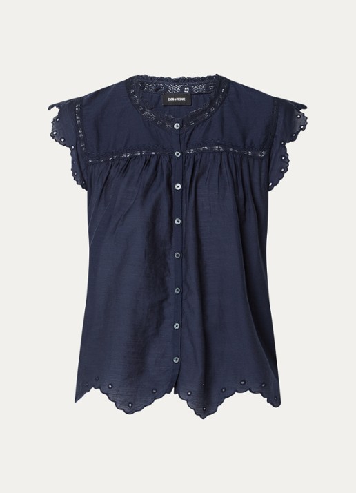 Zadig&Voltaire Tika Tomboy semi-transparante blouse met broderie - voorkant donkerblauw