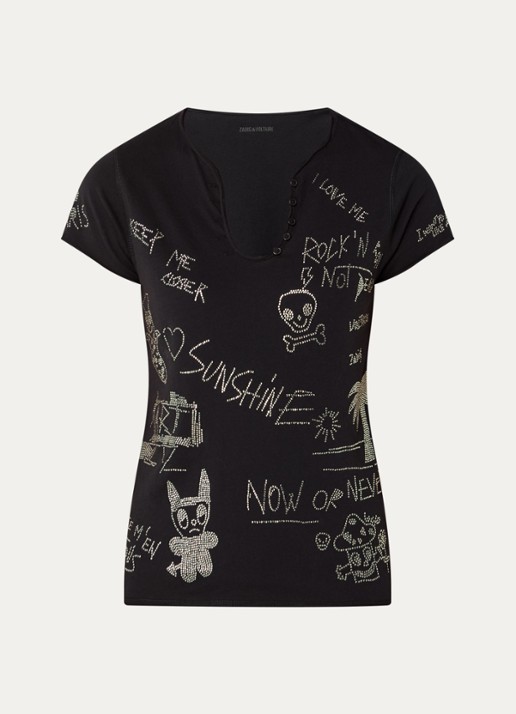 Zadig&Voltaire Tunisien T-shirt met strass - voorkant 2 zwart