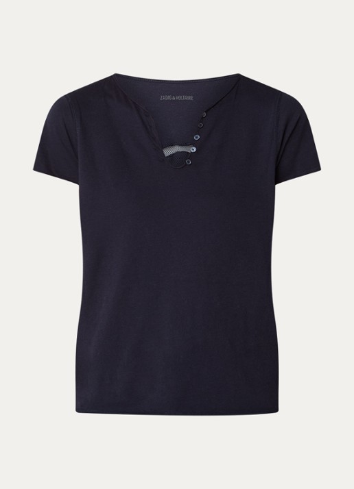 Zadig&Voltaire Tunsien T-shirt met opengewerkt dessin en borduring  - voorkant 2 donkerblauw