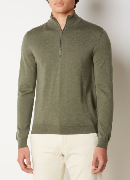 Zanone Fijngebreide pullover van scheerwol met halve rits - detail 4 olijfgroen