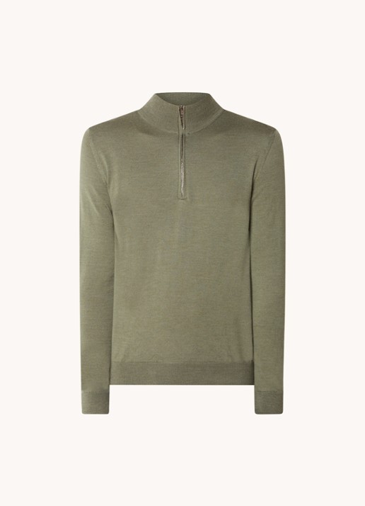 Zanone Fijngebreide pullover van scheerwol met halve rits - voorkant 2 olijfgroen