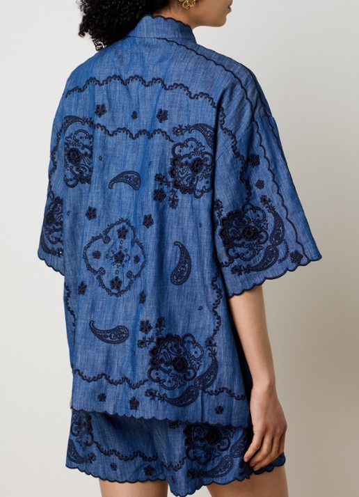 Zimmermann Aster blouse van denim met borduring - achterkant blauw