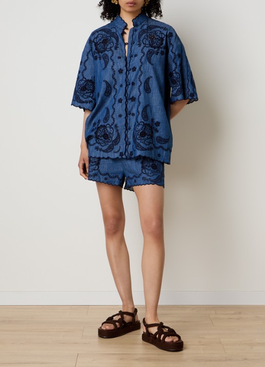 Zimmermann Aster blouse van denim met borduring - voorkant 5 blauw