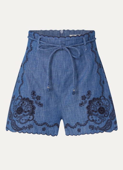 Zimmermann Aster high waist loose fit korte broek van denim met borduring - voorkant indigo