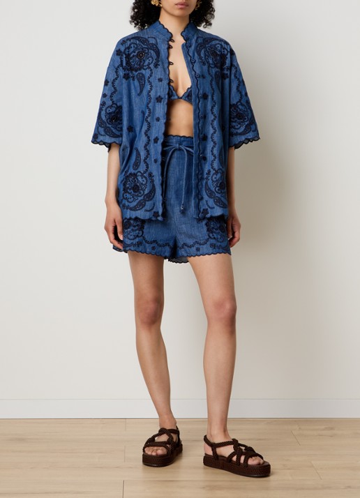 Zimmermann Aster high waist loose fit korte broek van denim met borduring - voorkant 2 indigo