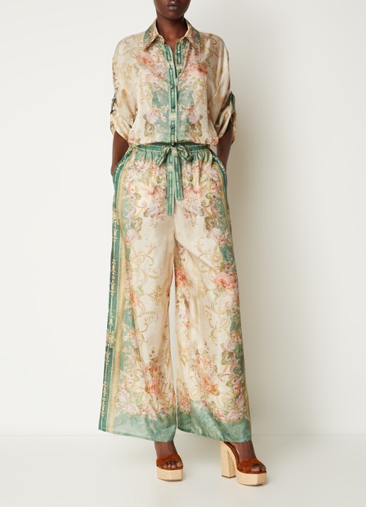 Zimmermann August high waist wide fit palazzo broek van zijde met bloemenprint - voorkant 5 beige