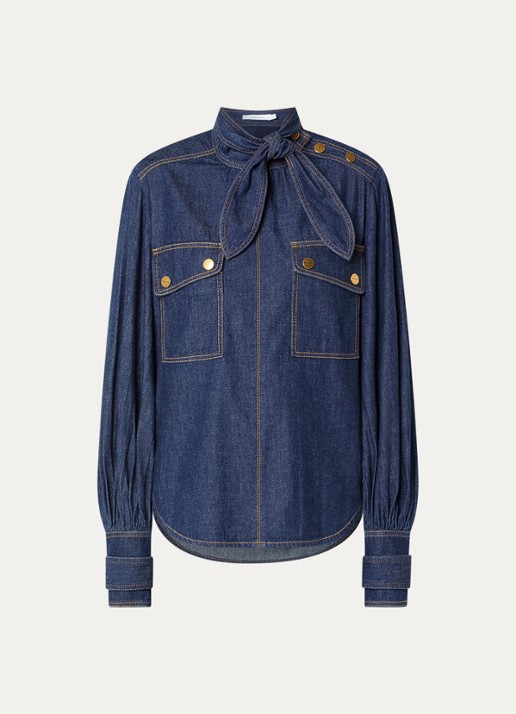 Zimmermann Blouse van chambray met sjaalkraag - voorkant 3 indigo
