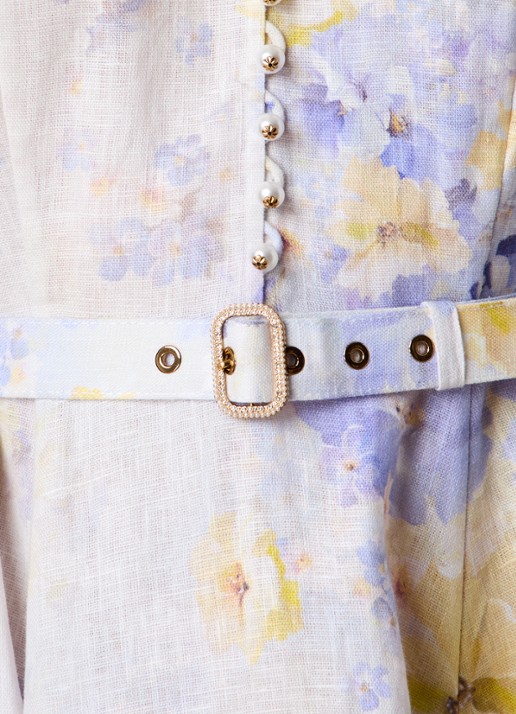 Zimmermann Crush mini jurk van linnen met bloemenprint en ceintuur - detail 5 lila