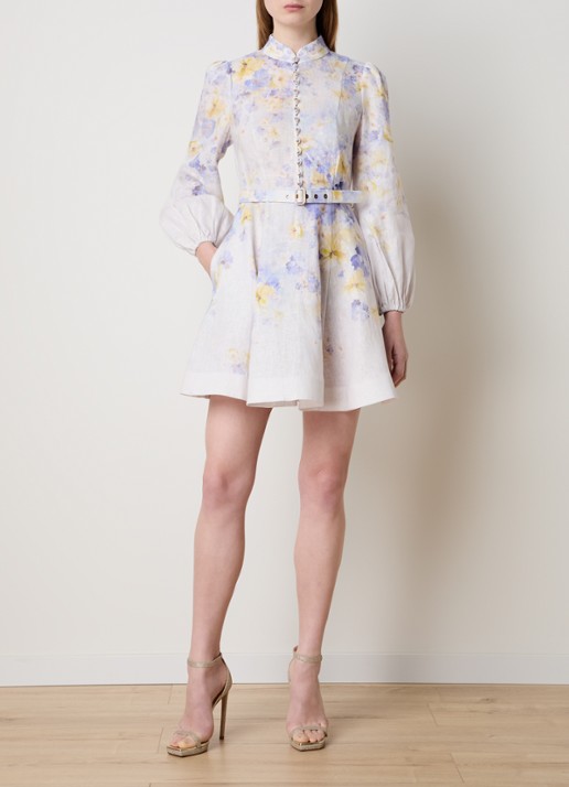 Zimmermann Crush mini jurk van linnen met bloemenprint en ceintuur - voorkant 2 lila