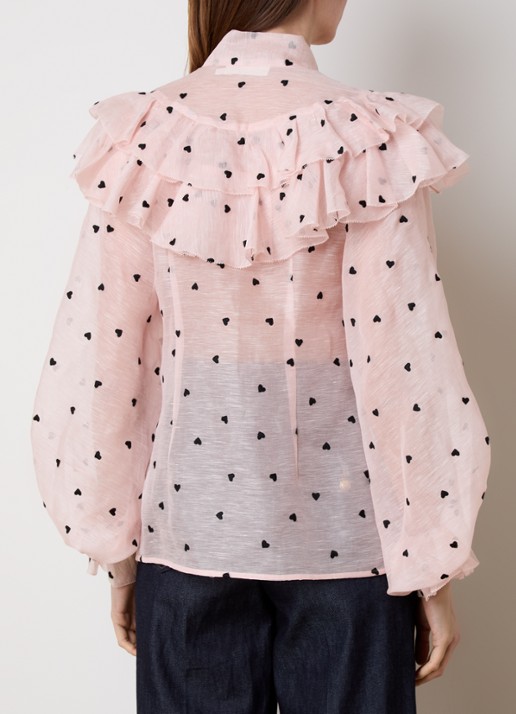 Zimmermann Crush semi-transparante blouse in zijdeblend met sjaalkraag - achterkant zalmroze